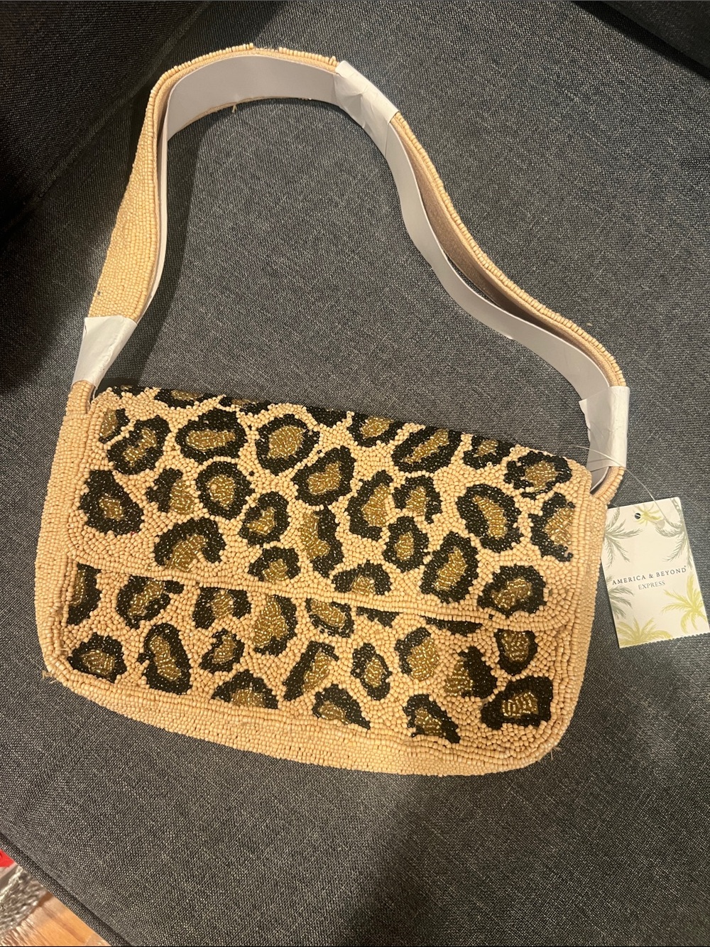 Beaded Leopard-Print Shoulder Bag in Tan and Black